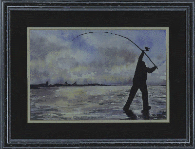 Watercolour painting of a fisherman casting