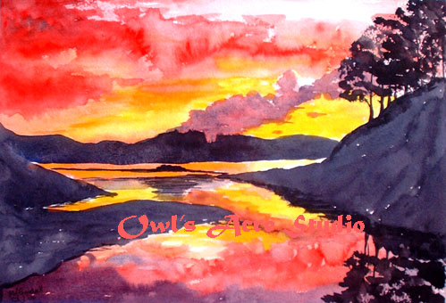 watercolour painting of loch sunset
