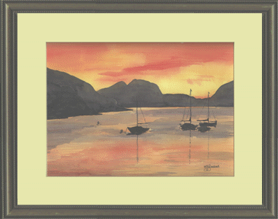 watercolour painting of Hebridean Sunset by Maggie Goodsell